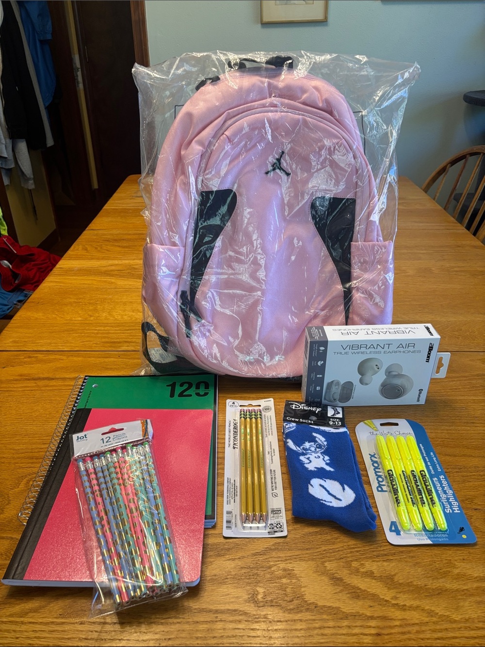 Jordan Pink Backpack with Black Logo Accents with school supplies - Picture 2 of 5